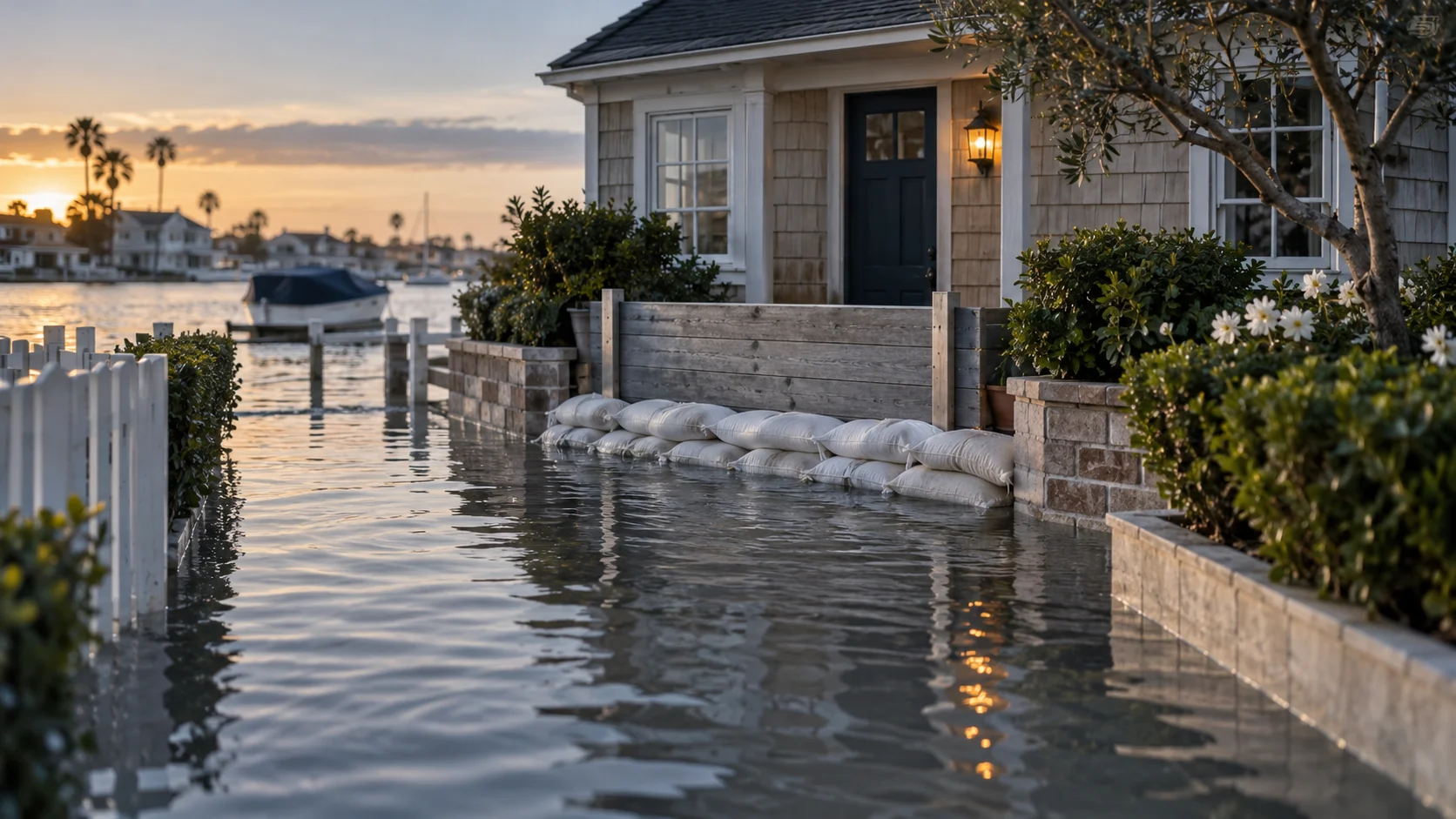 Sandbags and flood boards across the steps of a Balboa Island cottage as a king tide fills the walkway