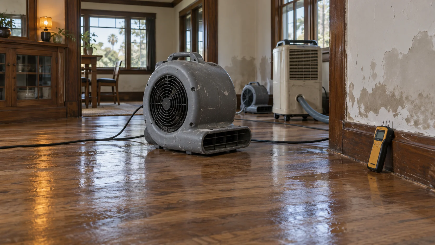Air mover drying wet hardwood floors and plaster walls in a historic Old Towne Orange Craftsman home
