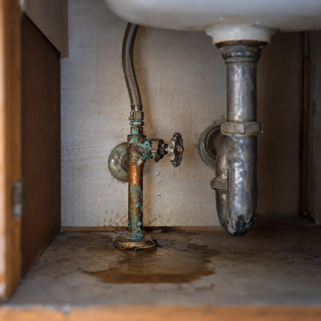 Corroded copper pipe and angle stop leaking under a bathroom vanity in a 1950s Rossmoor ranch home
