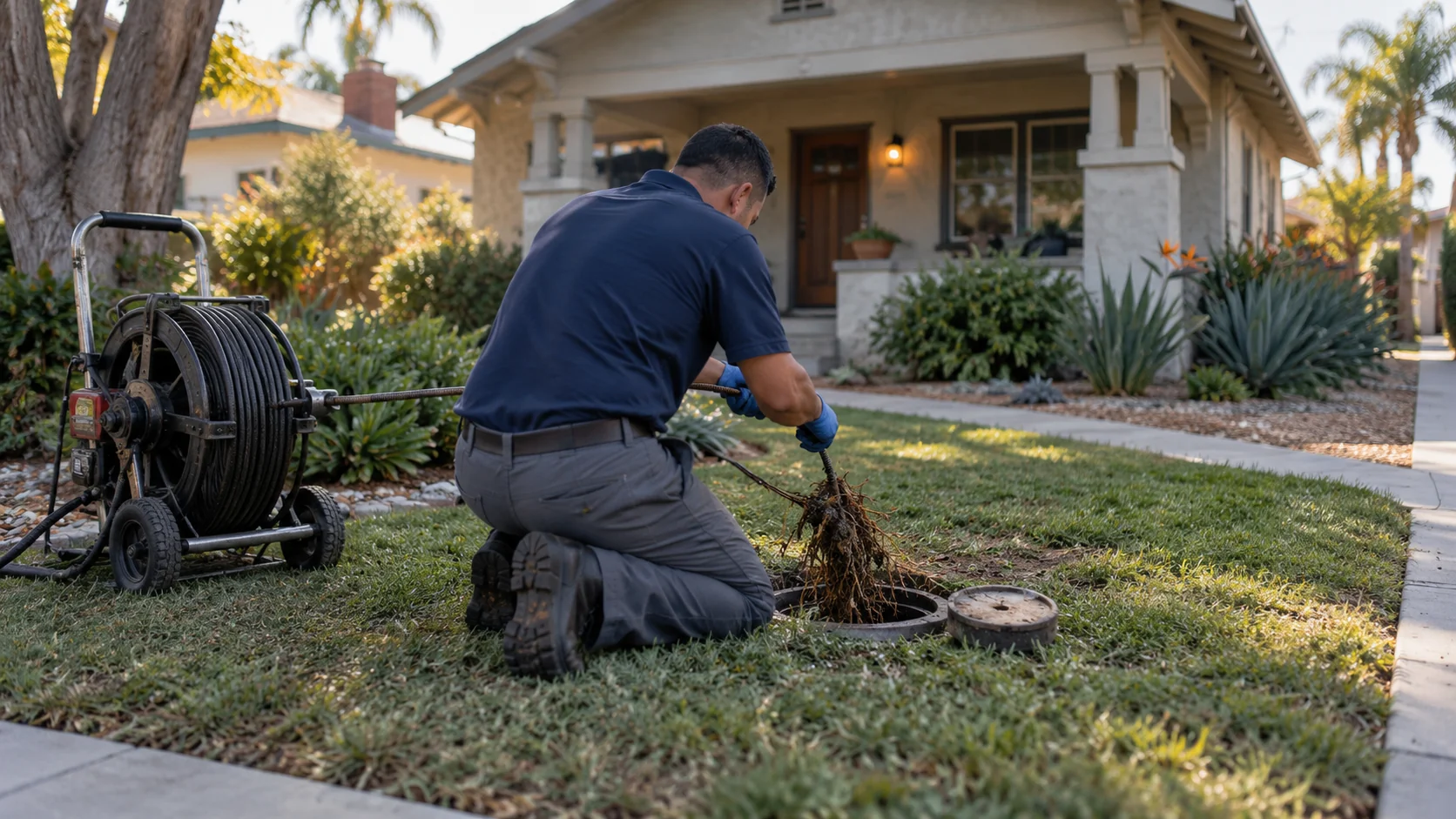 Plumber clearing a root-blocked sewer lateral at the cleanout of a 1920s Santa Ana bungalow