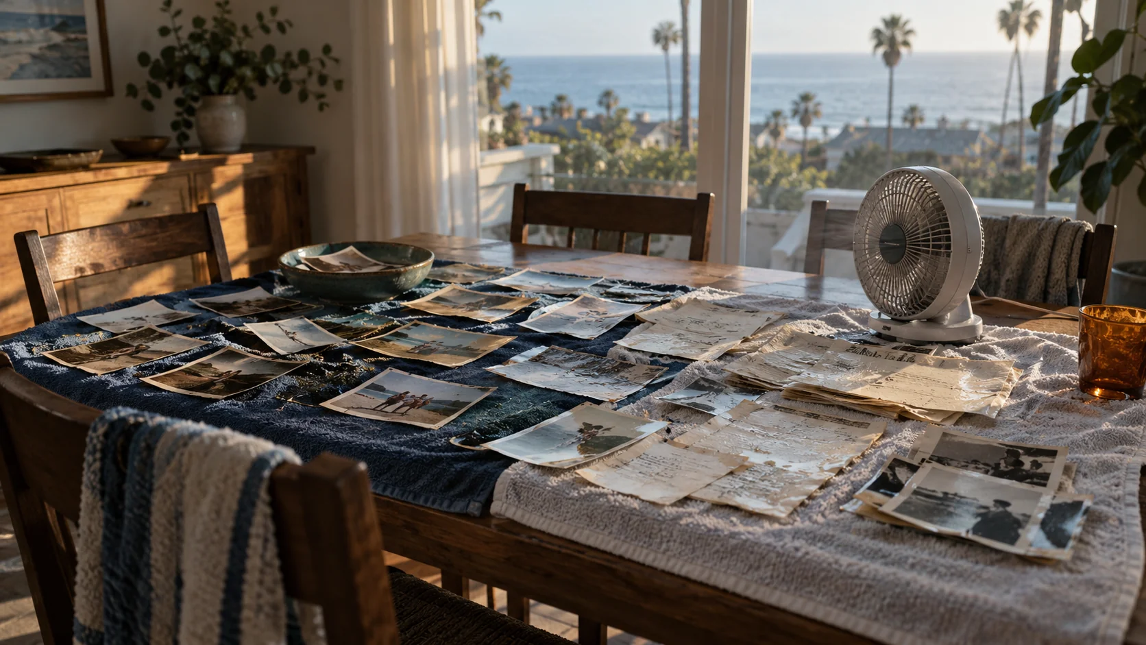 Family photos and paper documents drying on towels on a dining table with a small fan