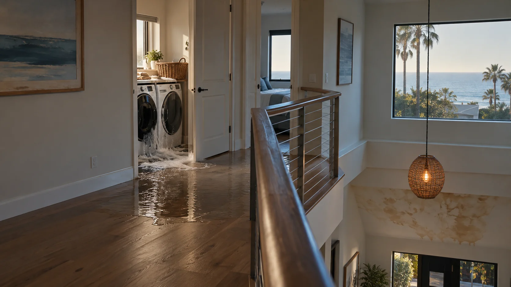 Water from a second-floor laundry room spreading across the landing of a two-story Seacliff home