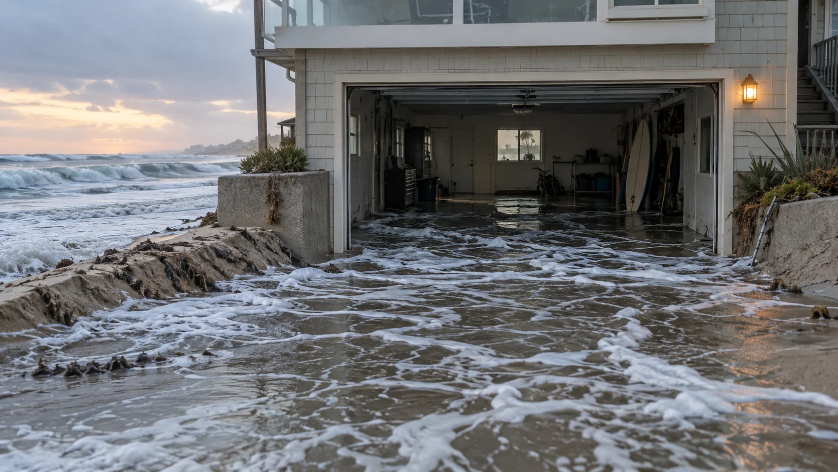 Ocean water and sand flowing into the open garage of a Seal Beach beachfront home after high surf