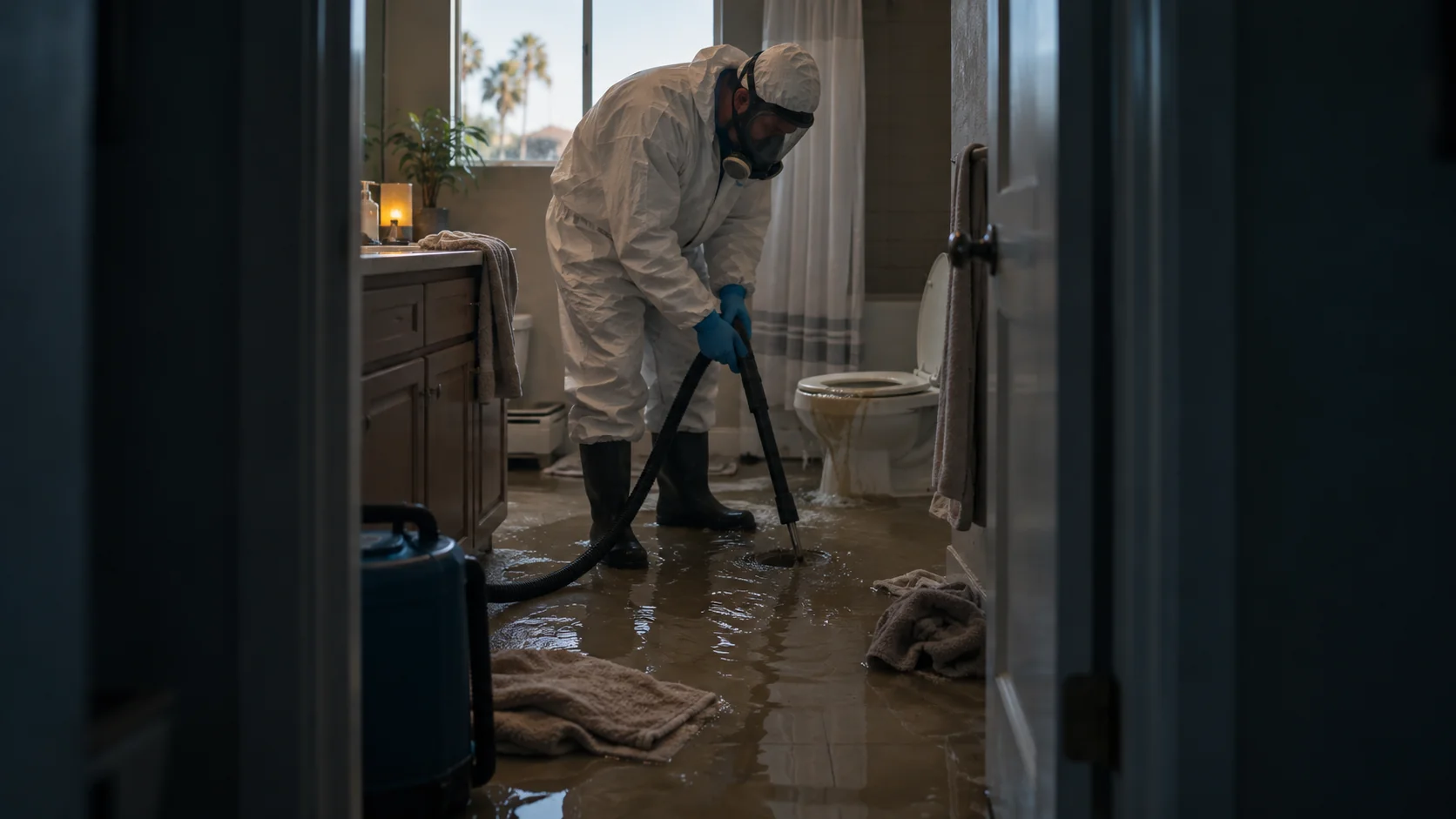 Technician in respirator, Tyvek suit and boots in a bathroom where sewage has backed up from the drain