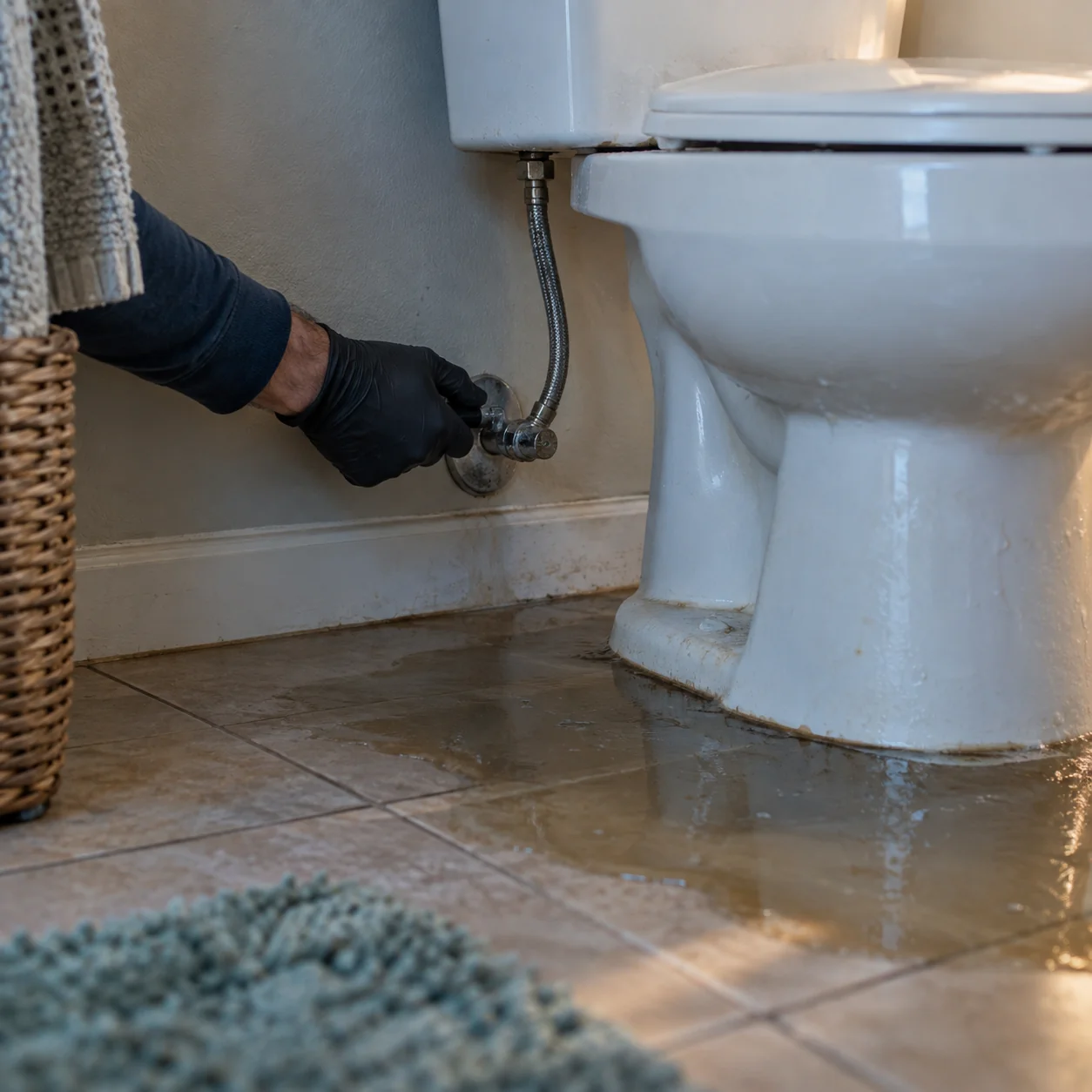 Gloved hand turning the supply valve behind a toilet with murky water on the bathroom tile