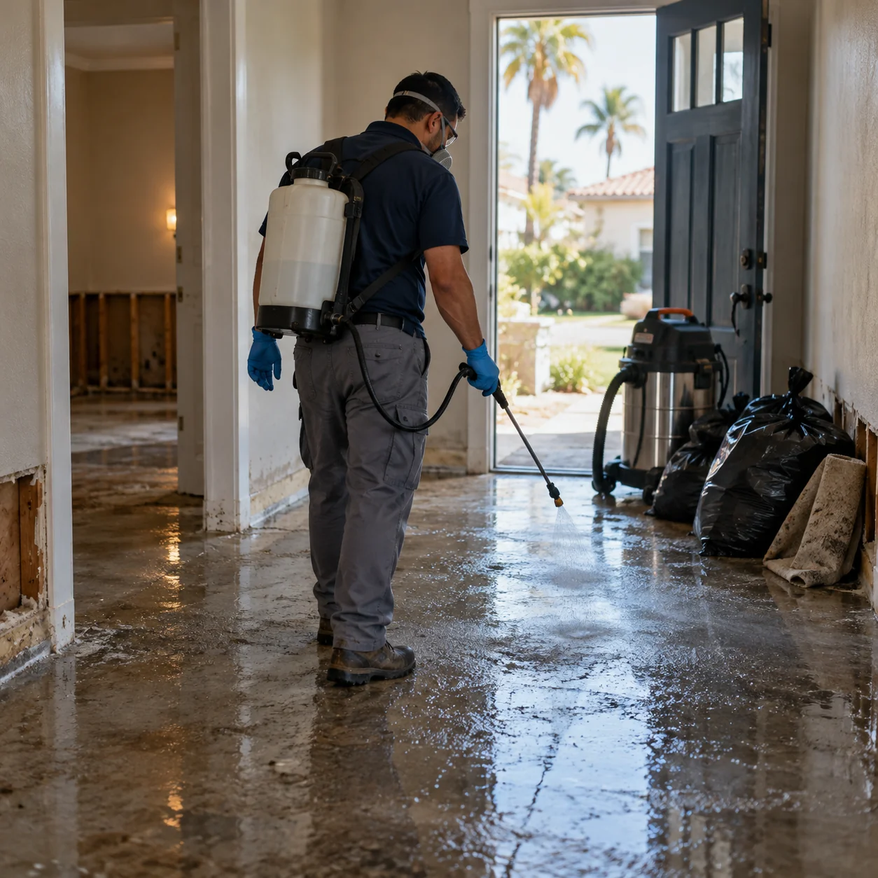 Technician in full protective gear spraying disinfectant on a floor after sewage removal