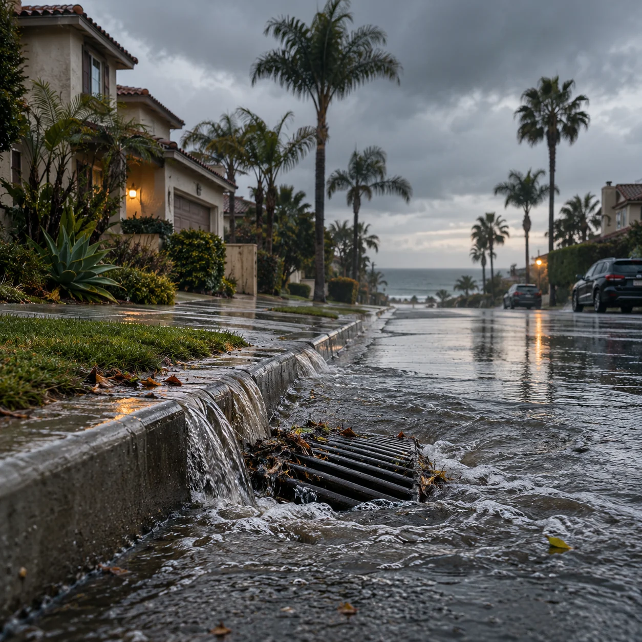 Huntington Beach street after heavy rain with overflowing gutters and a backed-up storm drain