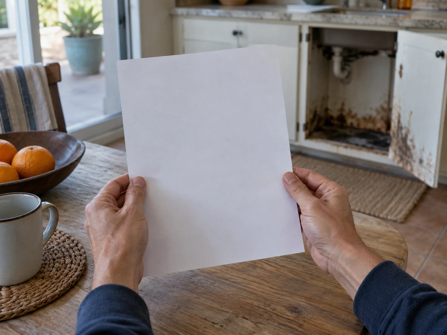 Hands holding an insurance claim form over a kitchen table with a water-damaged cabinet behind