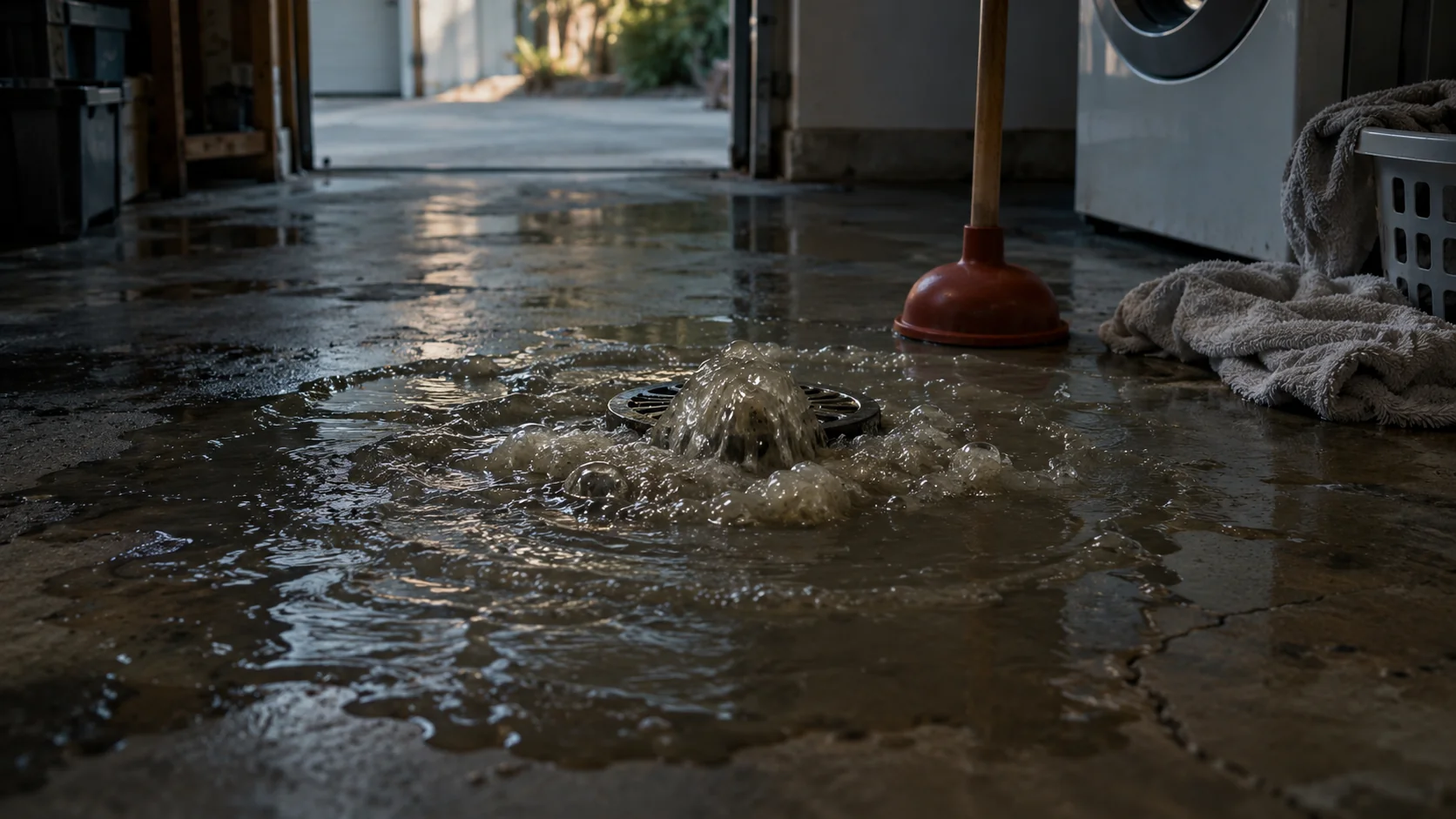 Gray-brown sewage bubbling up from a floor drain onto a garage floor with a plunger and towels nearby