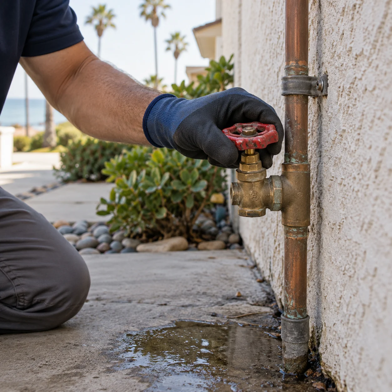 Gloved hand turning the red main water shut-off valve outside a Huntington Beach stucco home