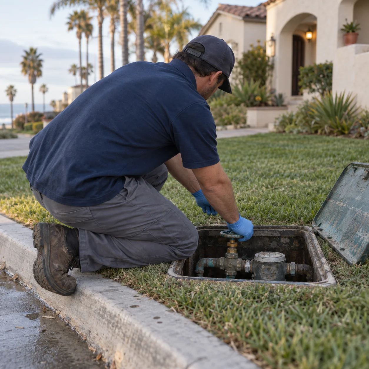 Gloved hand turning the main water shut-off valve at a curbside meter box outside a Huntington Beach home