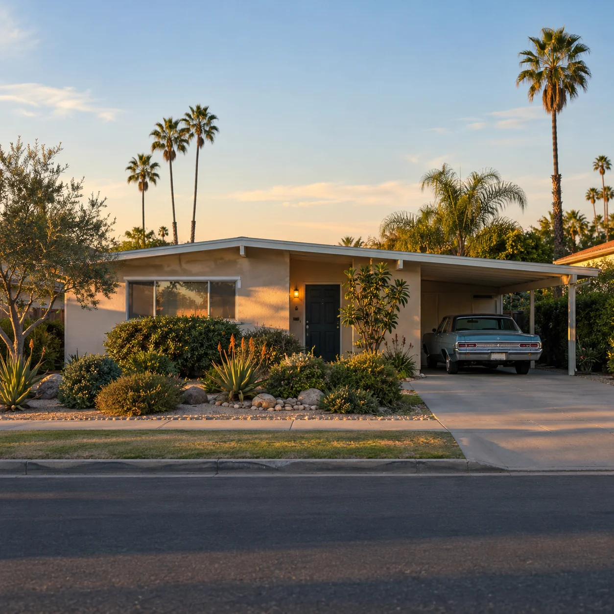 Single-story 1960s slab-on-grade stucco home in Orange County with a low-pitch roof and carport