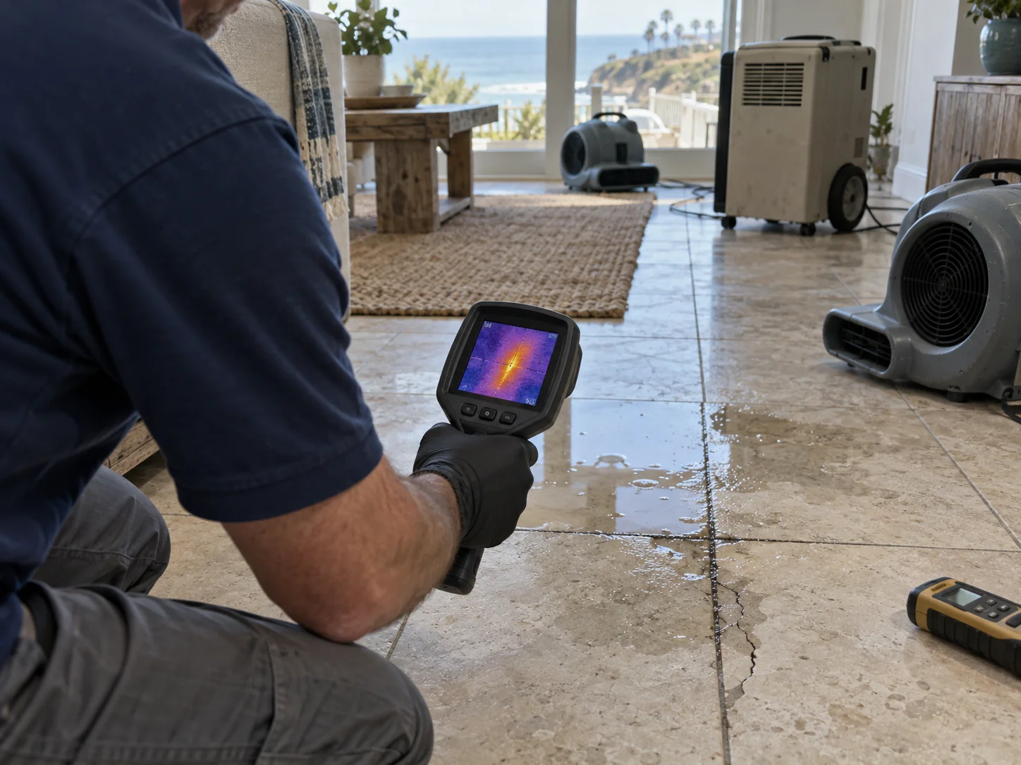 Hairline crack in floor tile with damp grout while a technician holds a thermal camera over a warm spot