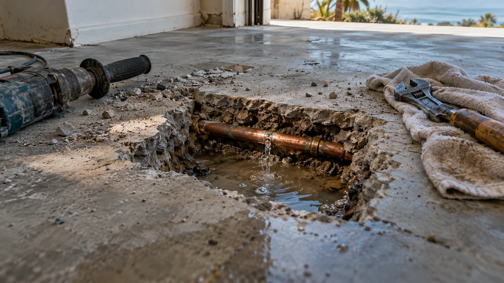 Hole jackhammered in a concrete slab exposing a pinhole-leaking copper pipe with water pooling