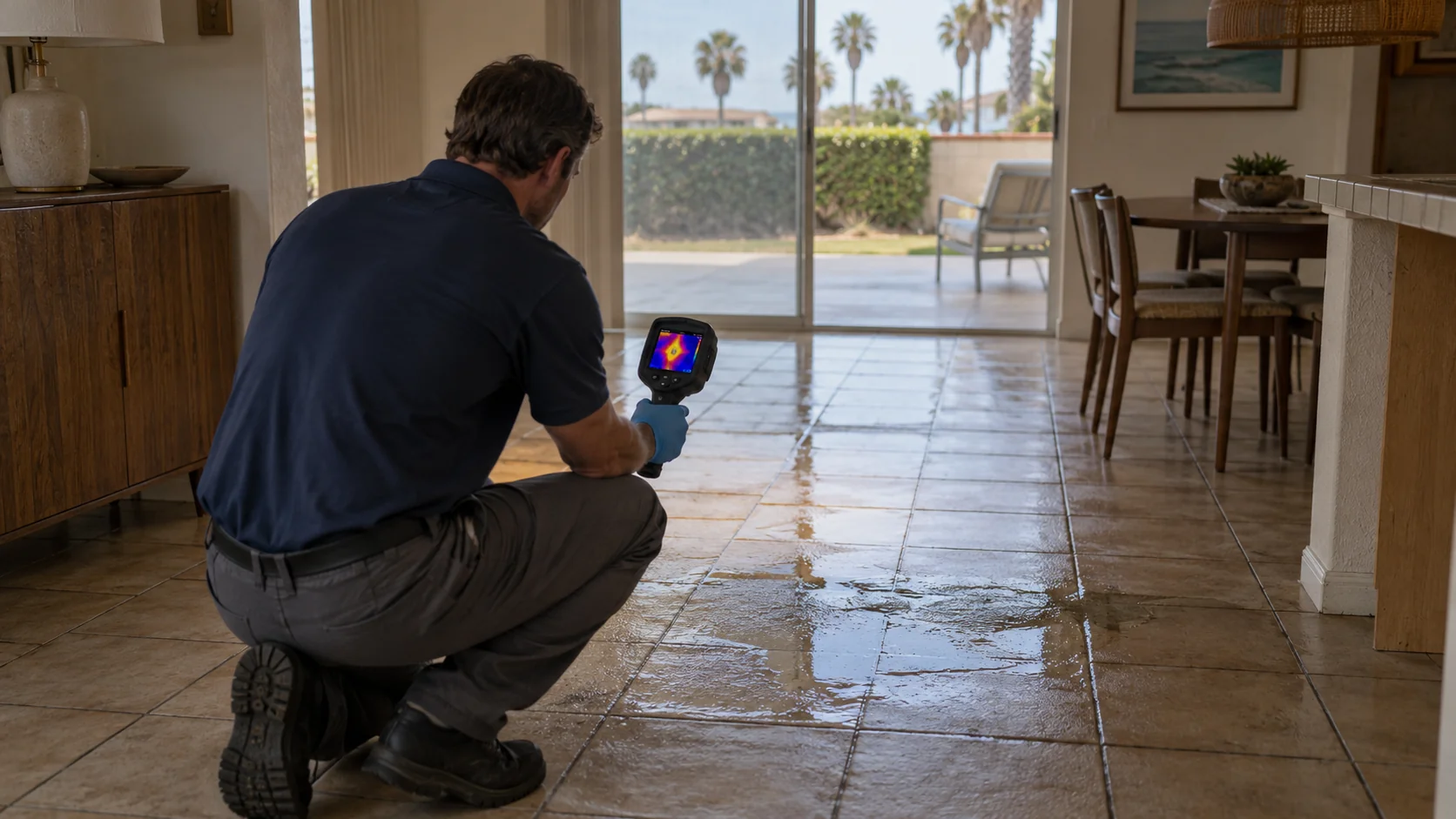 Water seeping up through tile in a southeast Huntington Beach slab home with a thermal camera over the spot