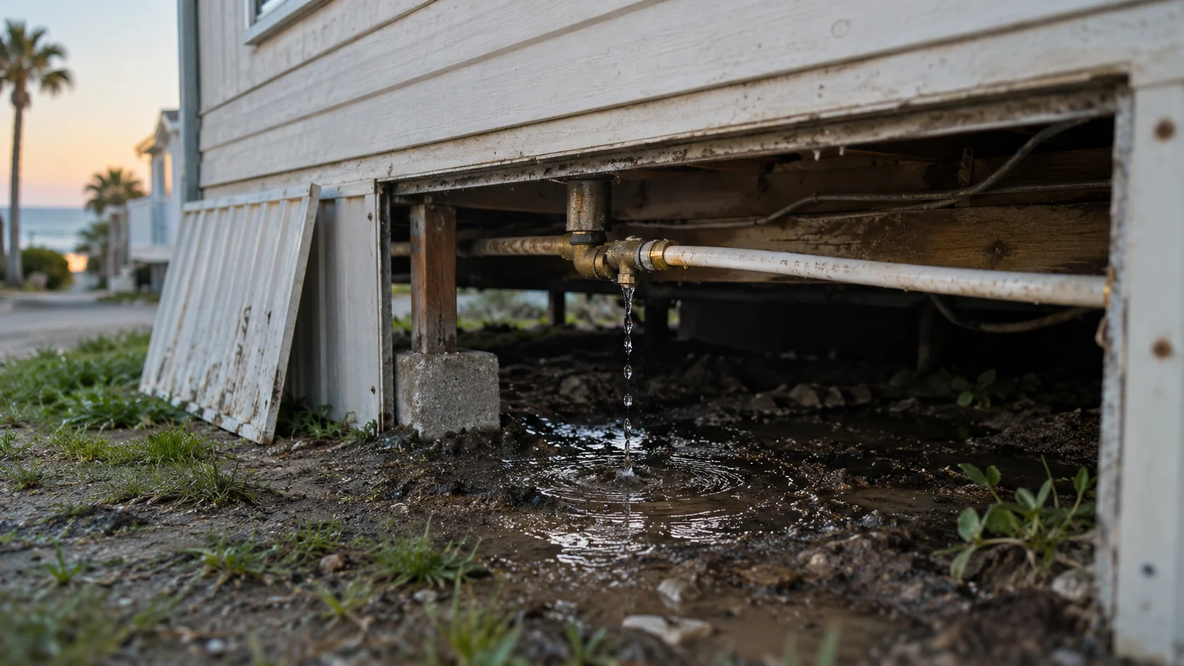 Manufactured home in Stanton with skirting removed showing a leaking supply line dripping onto wet ground