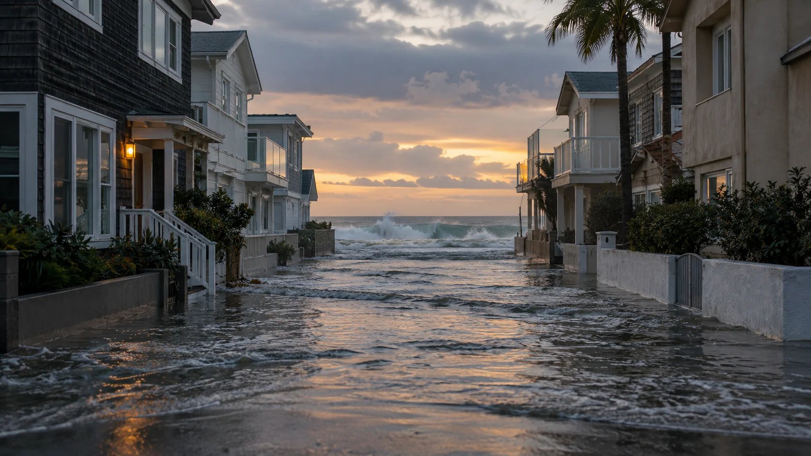 High tide flooding the street between Sunset Beach cottages with waves visible at the far end