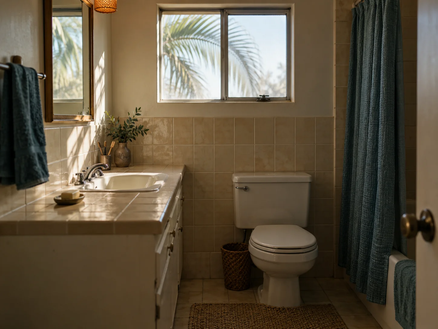 Simple 1970s Orange County bathroom with beige tile, a single vanity and palm shadows in the window