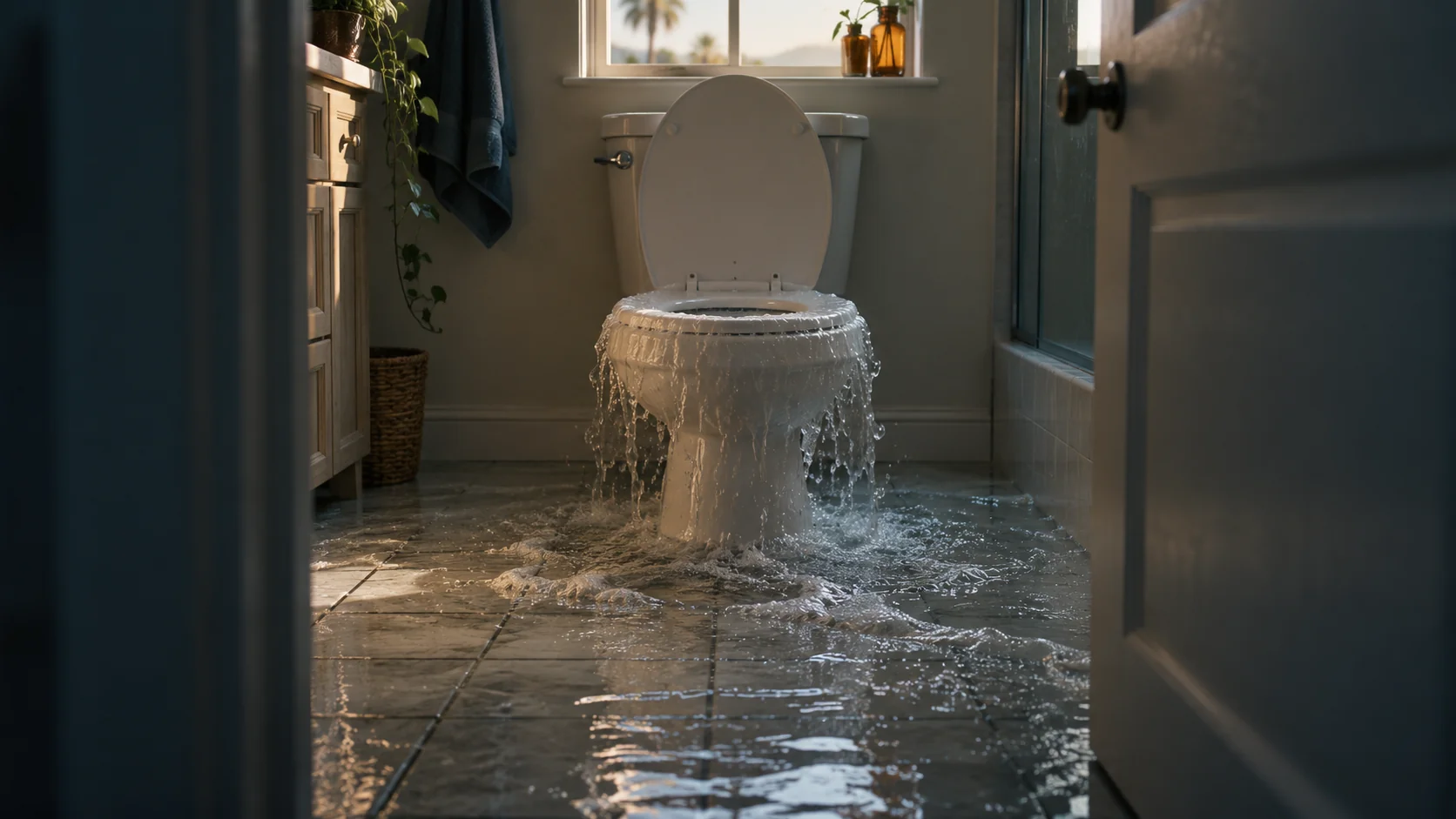 Toilet overflowing onto a white tile bathroom floor with water spreading toward the door