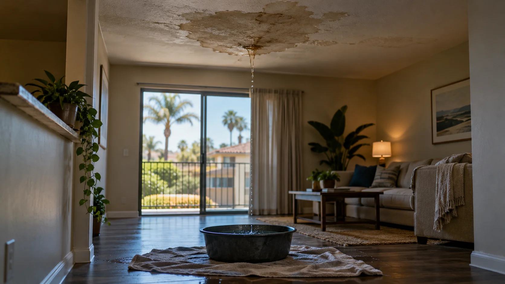 Water stain spreading across the shared ceiling of a Tustin multi-unit building with a pan catching drips