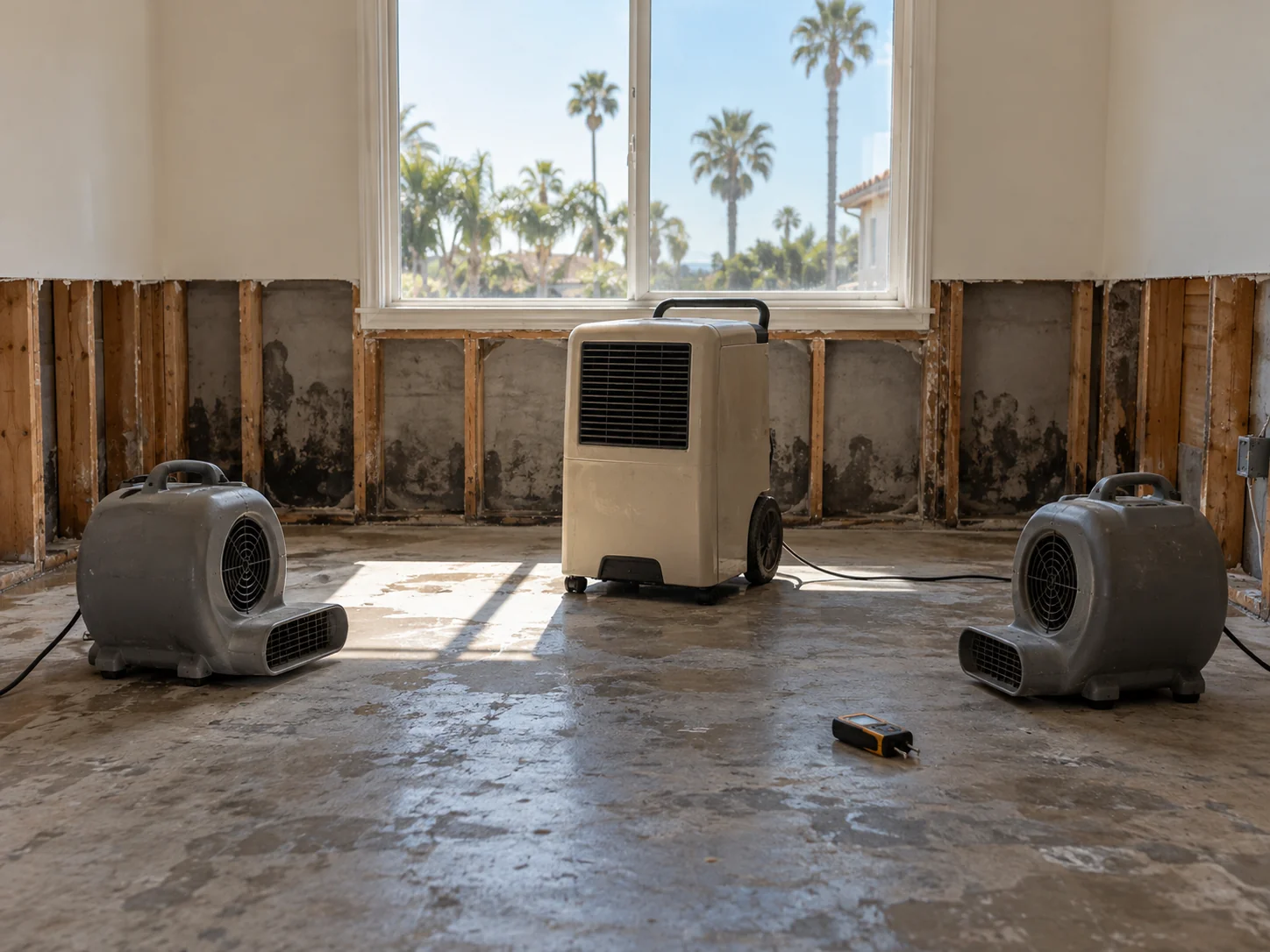 Air movers and a dehumidifier running in a stripped room with drywall cut and damp studs exposed