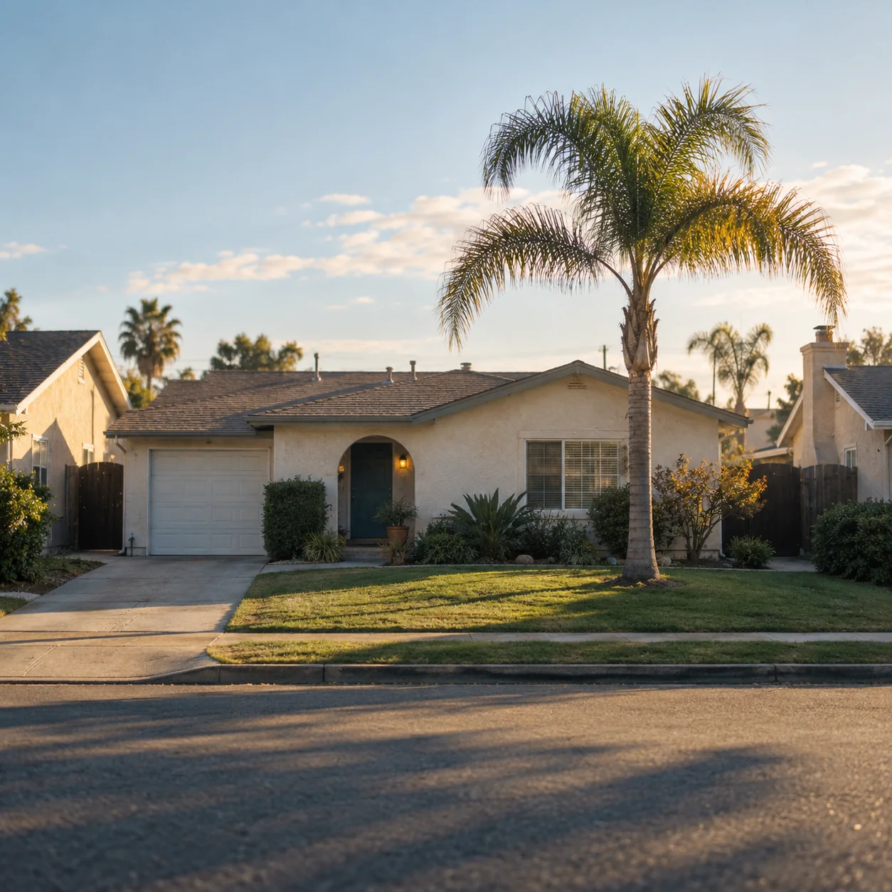 Older one-story Huntington Beach slab home with a stucco front, small lawn and palm tree