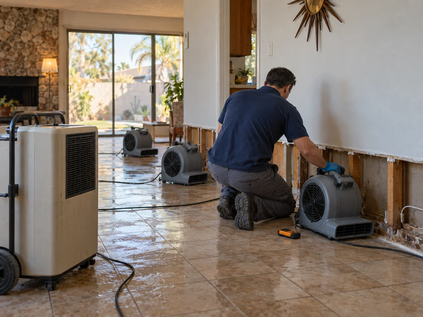 Technician setting air movers along a wet baseboard with a dehumidifier running in an Anaheim ranch home