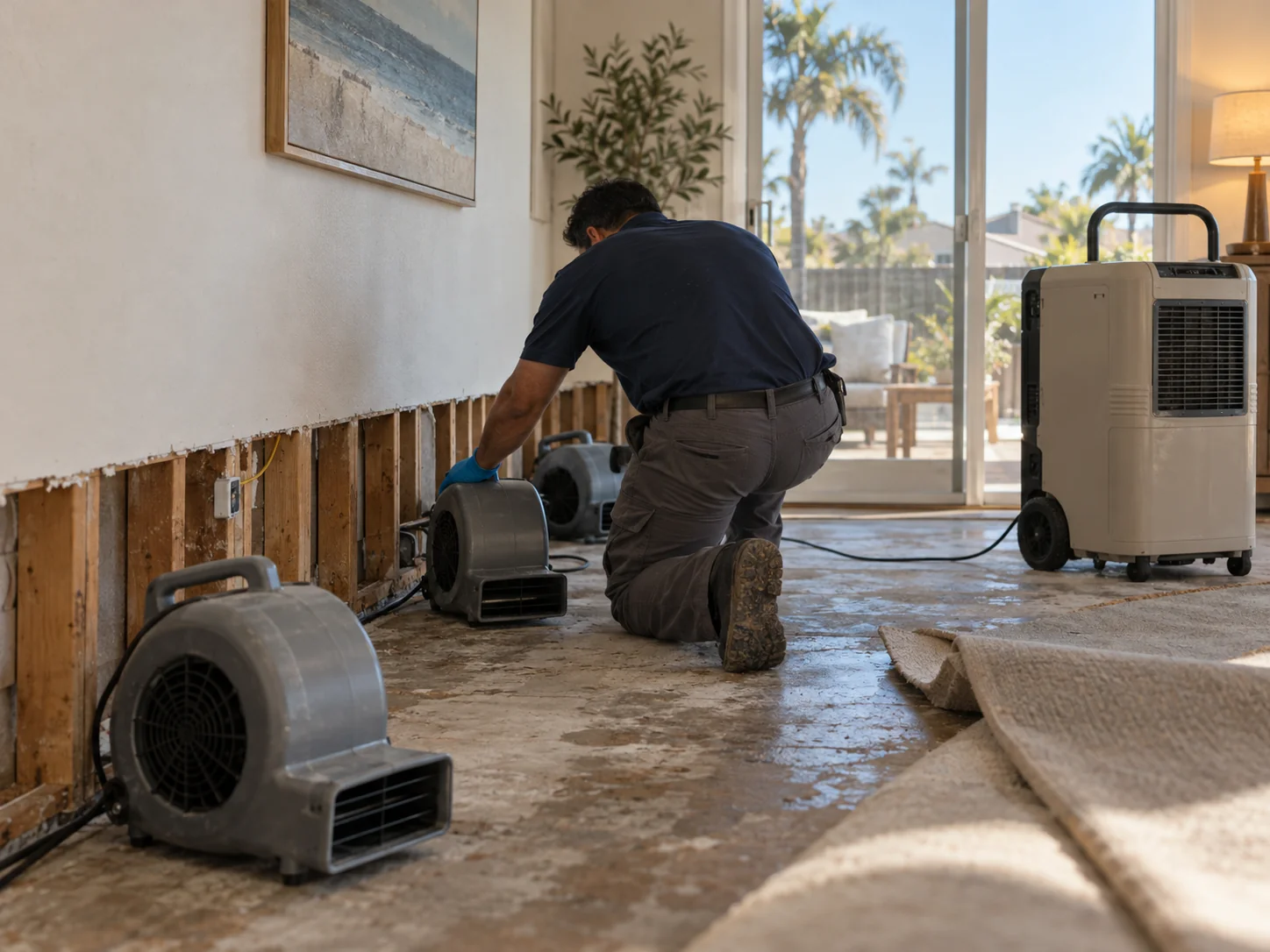 Technician placing air movers and a dehumidifier in a Bolsa Chica area home with flooring lifted