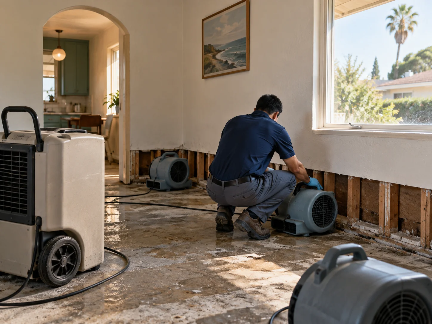 Technician placing air movers and a dehumidifier in a Buena Park tract home with flooring lifted