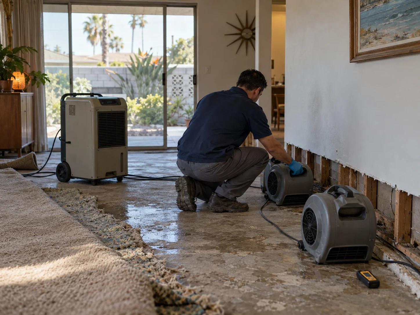 Technician placing air movers and a dehumidifier in a Huntington Beach tract home with flooring lifted