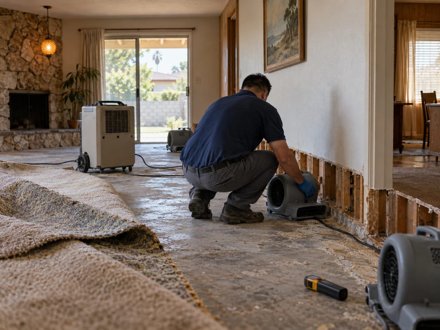 Technician placing air movers and a dehumidifier in a Cerritos family home with flooring lifted