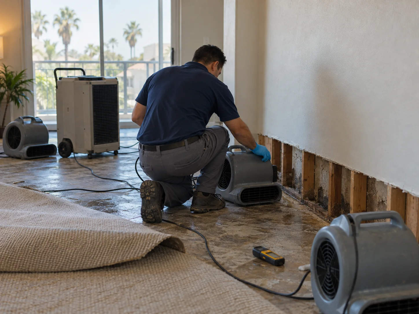 Technician placing air movers and a dehumidifier in a Costa Mesa apartment with flooring lifted
