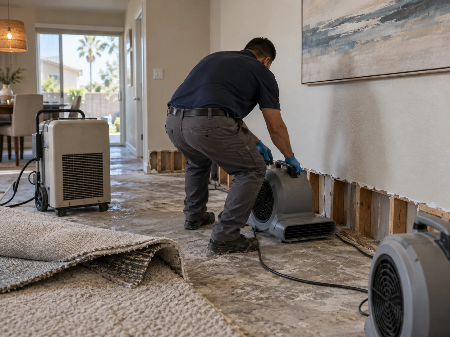 Technician placing air movers and a dehumidifier in a Cypress townhome with flooring lifted