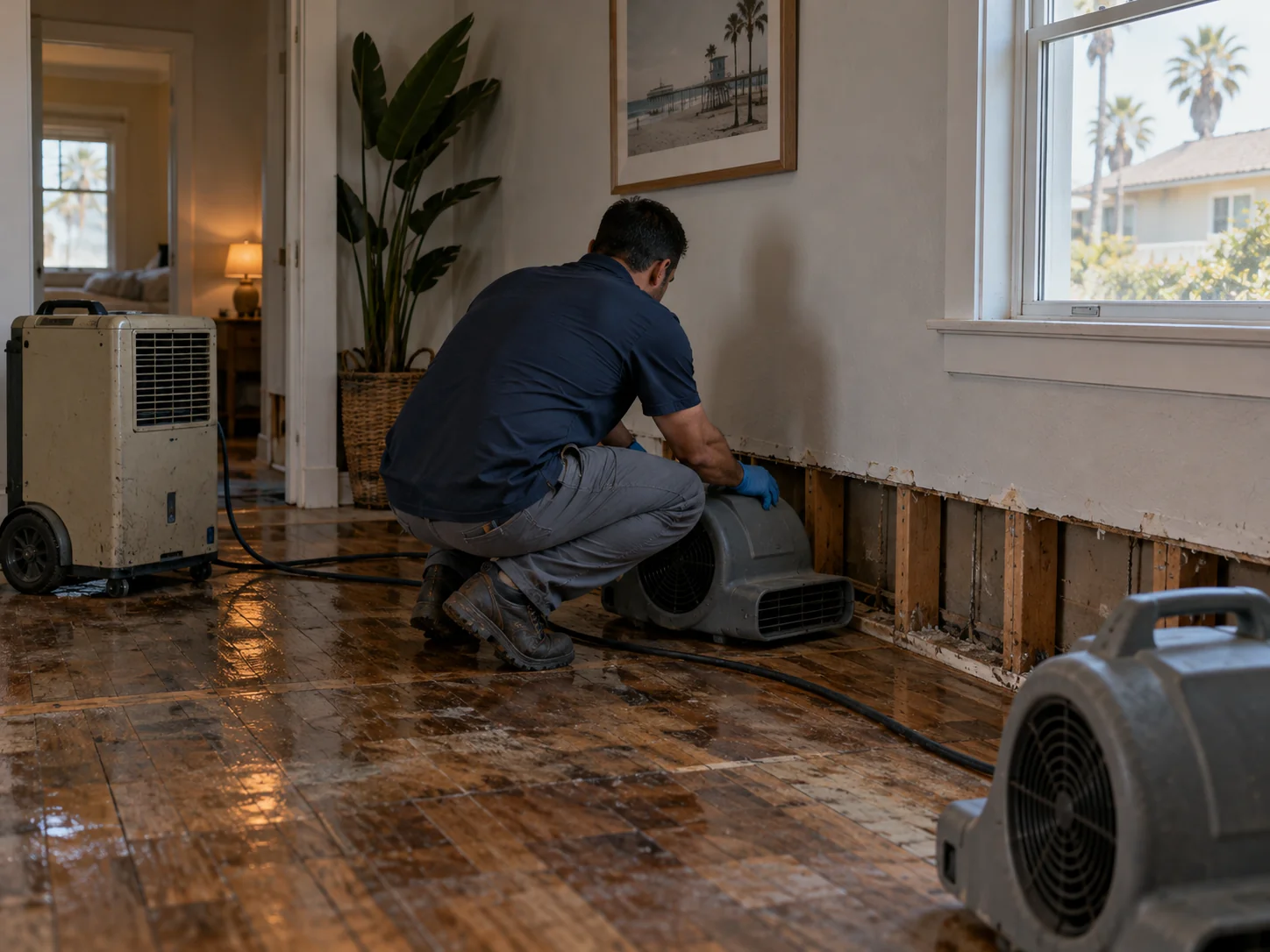 Technician placing air movers and a dehumidifier in a downtown Huntington Beach bungalow with wood floors