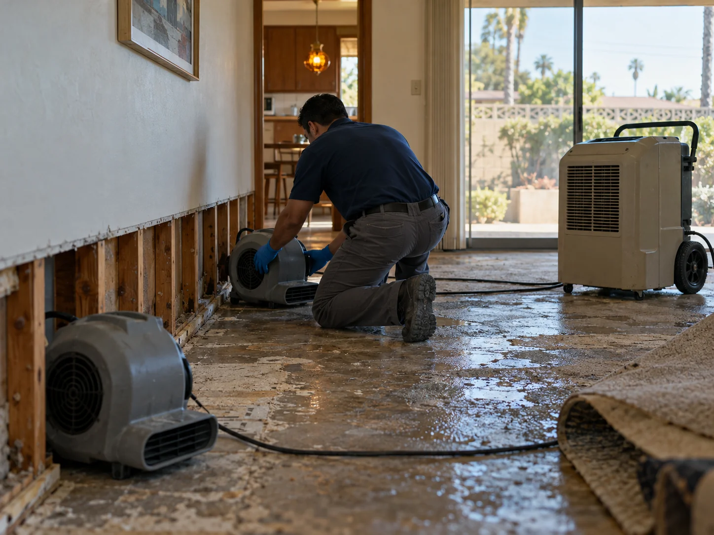 Technician placing air movers and a dehumidifier in a Fountain Valley home with flooring lifted