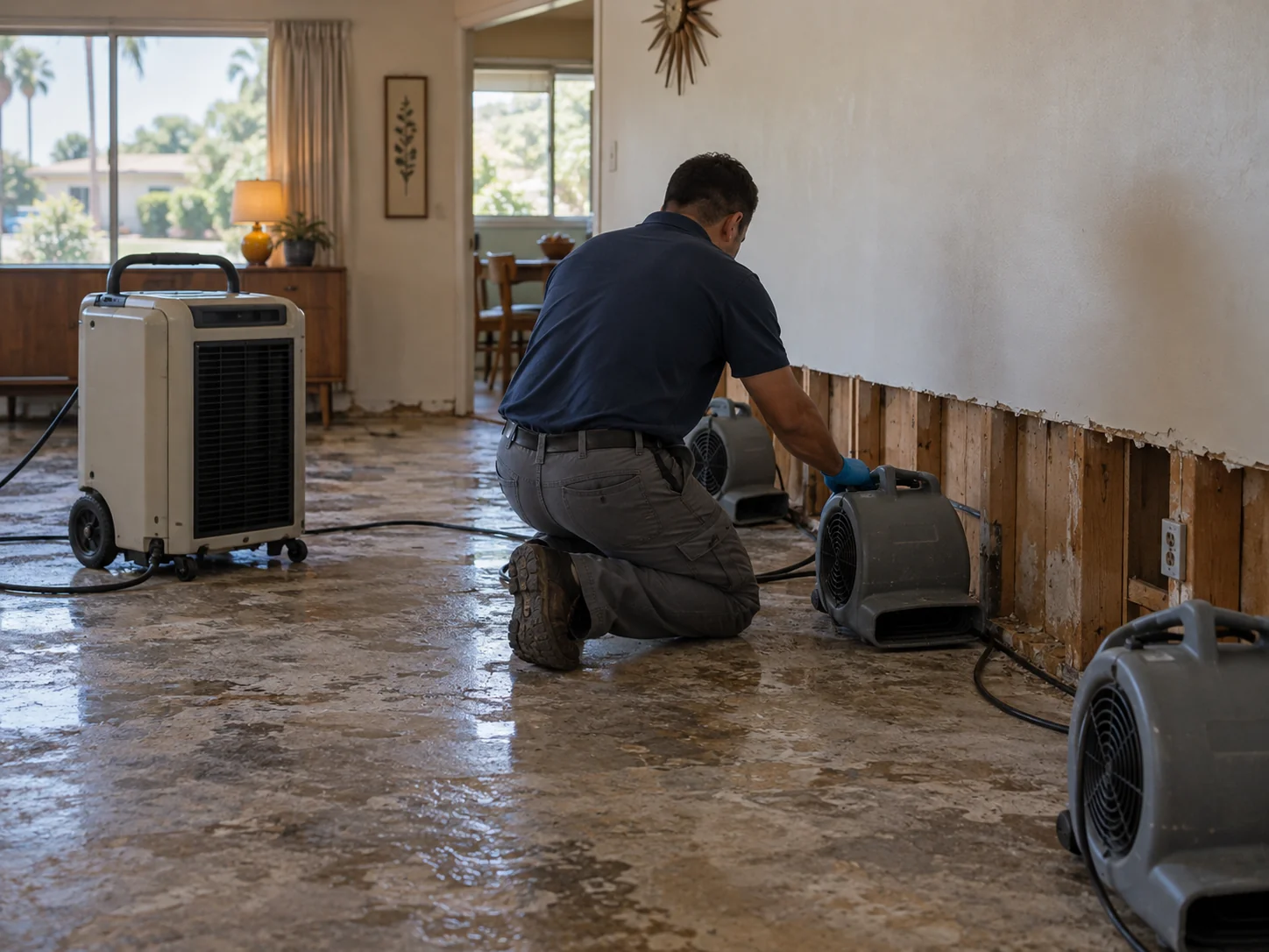 Technician placing air movers and a dehumidifier in a Garden Grove home with flooring lifted