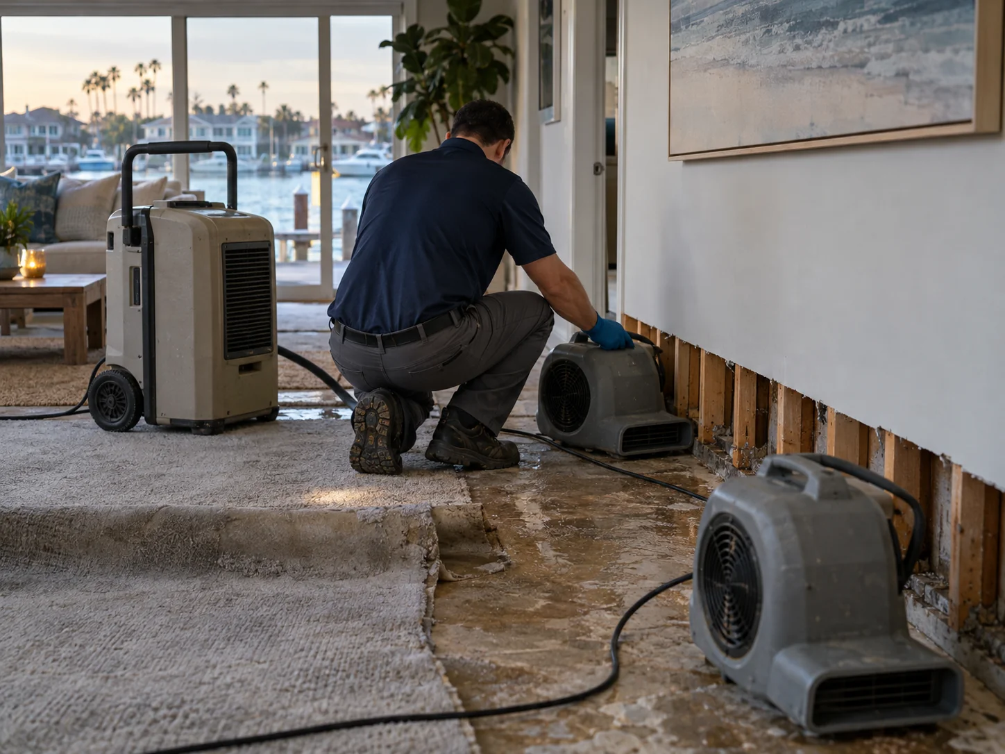 Technician placing air movers and a dehumidifier in a Huntington Harbour waterfront home with flooring lifted