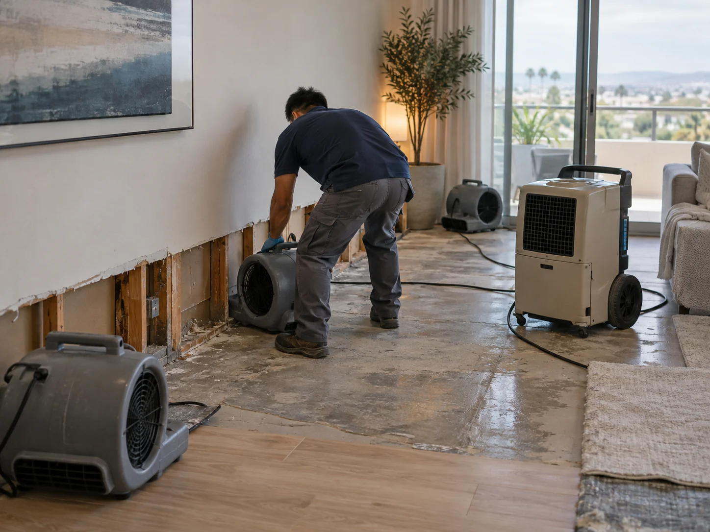 Technician placing air movers and a dehumidifier in an Irvine condo with flooring lifted