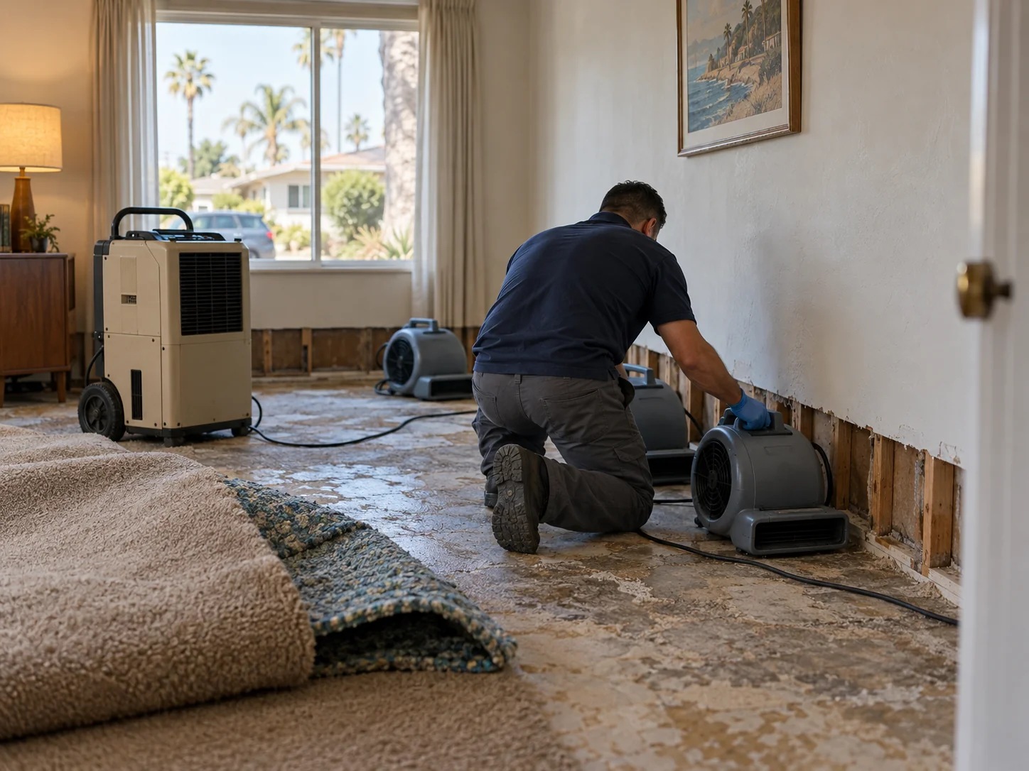 Technician placing air movers and a dehumidifier in a Lakewood home with flooring lifted
