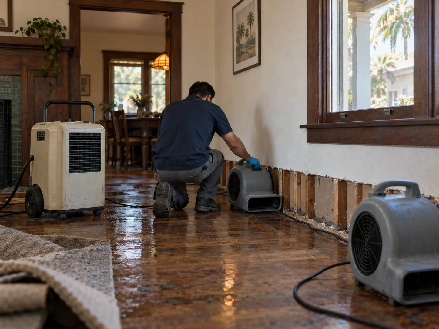 Technician placing air movers and a dehumidifier in a Long Beach Craftsman bungalow with wood floors
