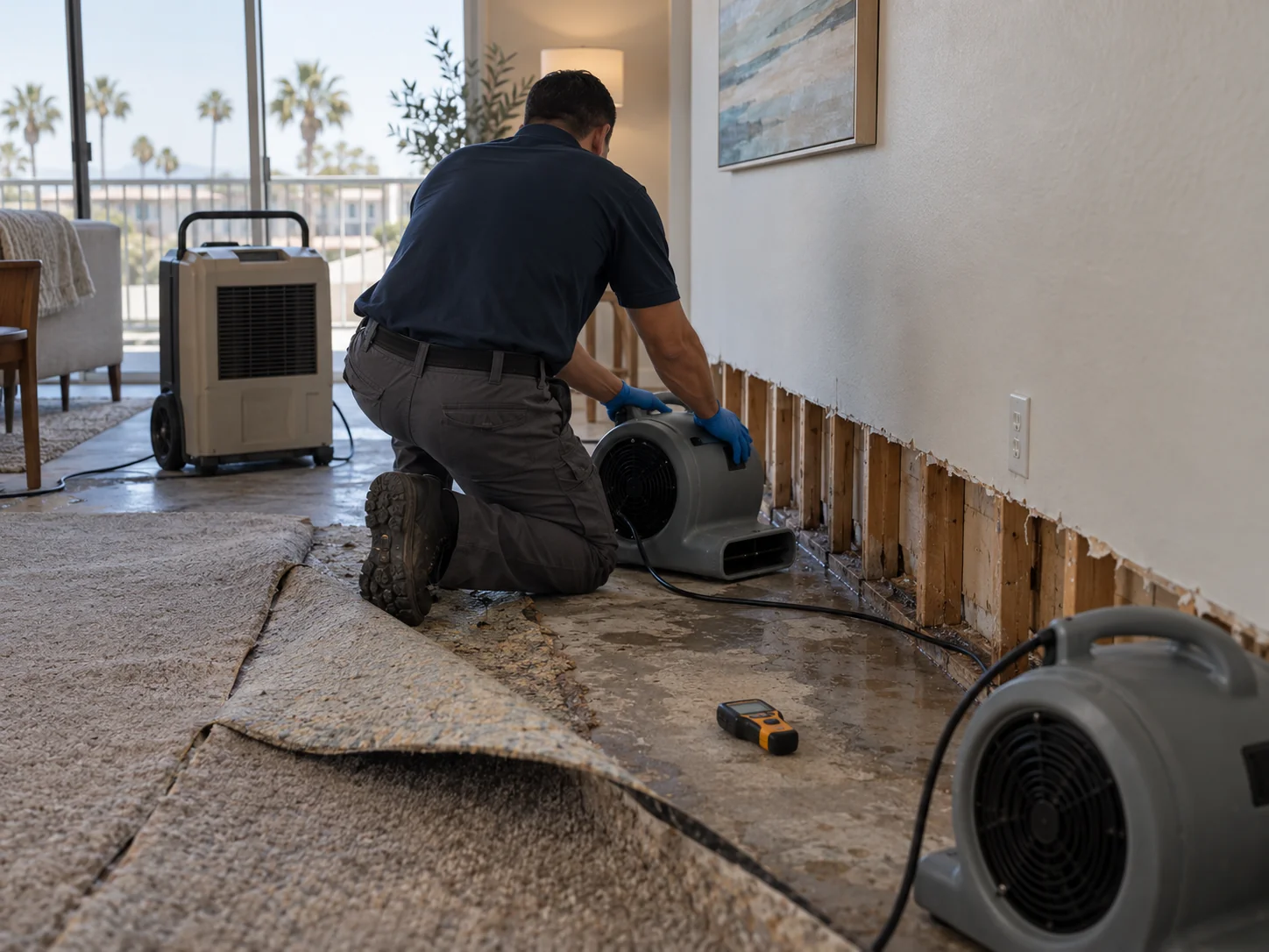 Technician placing air movers and a dehumidifier in a Los Alamitos apartment with flooring lifted