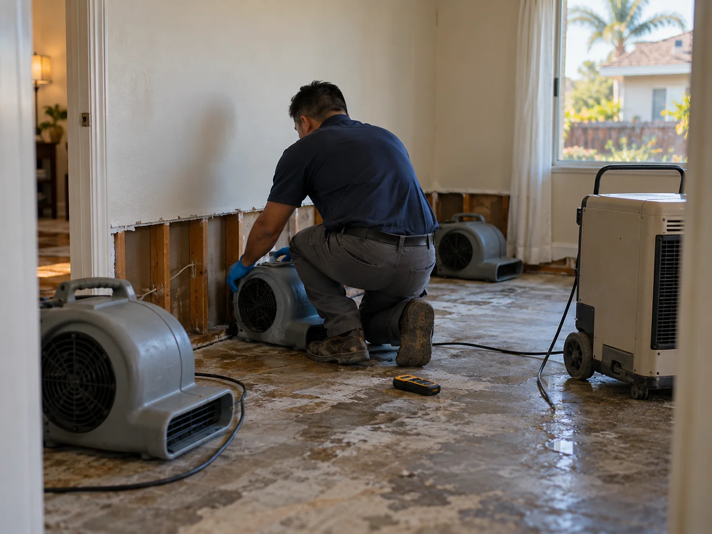 Technician placing air movers and a dehumidifier in a Midway City home with flooring lifted