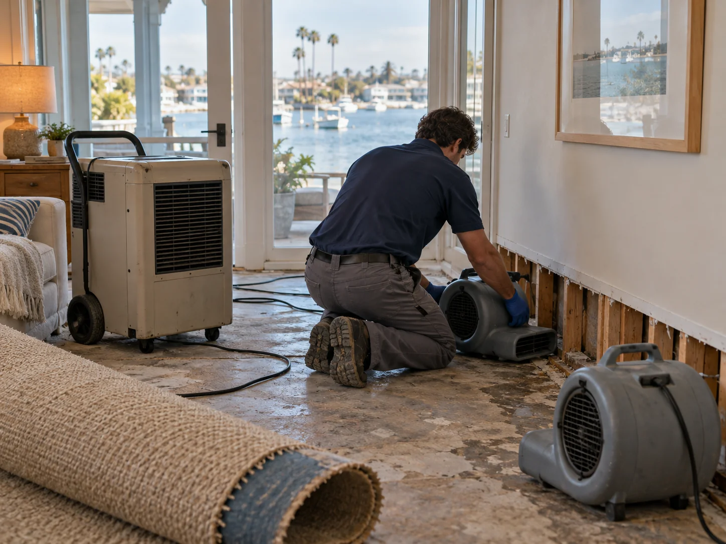 Technician placing air movers and a dehumidifier in a Newport Beach waterfront cottage with flooring lifted