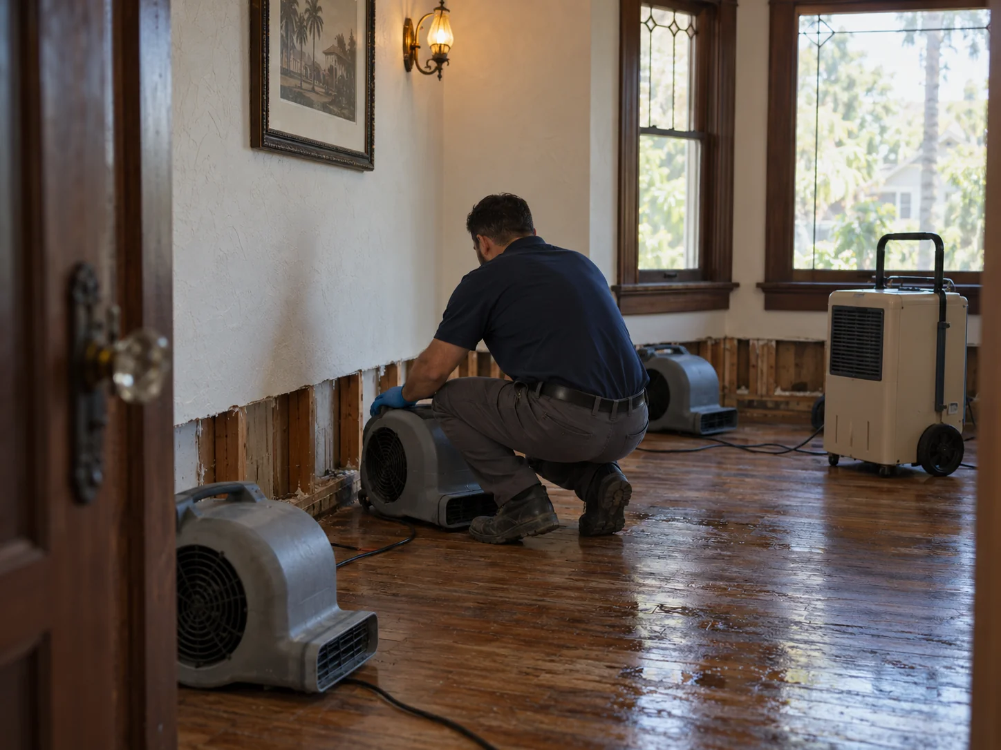 Technician placing air movers and a dehumidifier in a historic Old Towne Orange home with hardwood floors