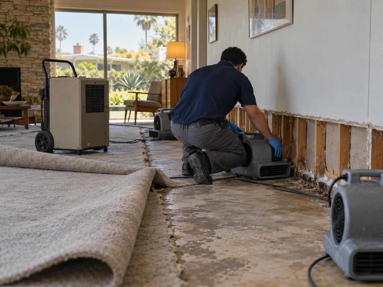 Technician placing air movers and a dehumidifier in a Rossmoor ranch home with flooring lifted