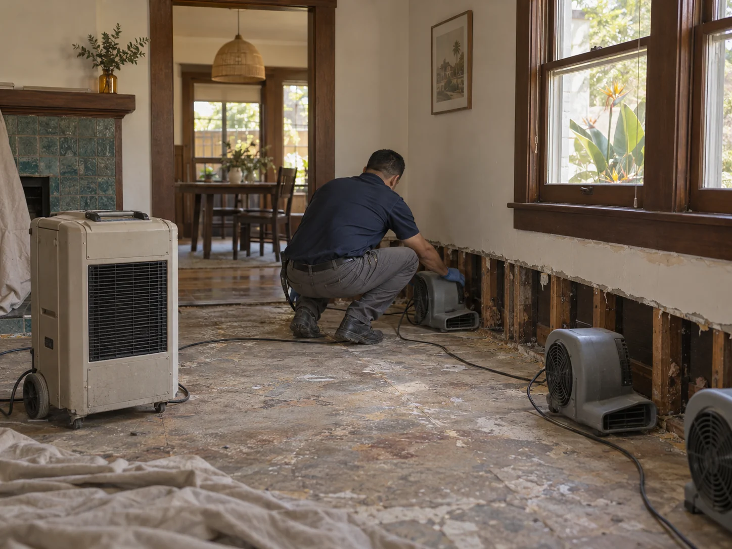 Technician placing air movers and a dehumidifier in a Santa Ana bungalow with flooring lifted