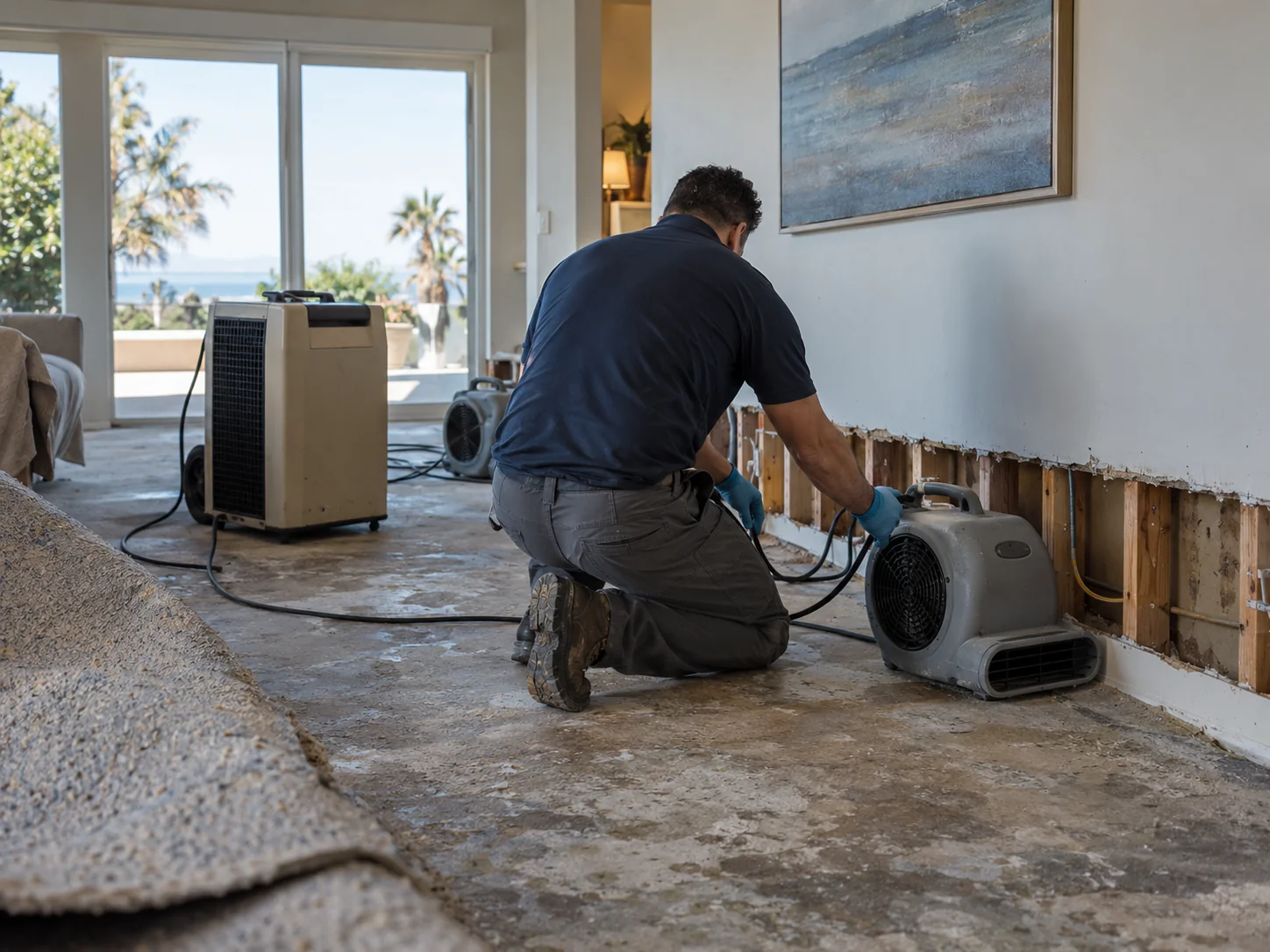 Technician placing air movers and a dehumidifier in a two-story Seacliff home with flooring lifted