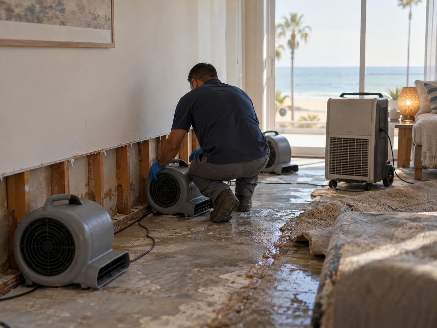 Technician placing air movers and a dehumidifier in a Seal Beach beachfront home with flooring lifted