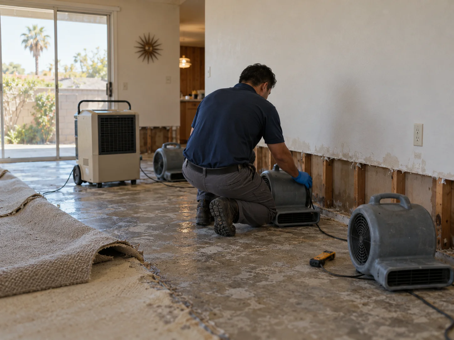 Technician placing air movers and a dehumidifier in a southeast Huntington Beach tract home with flooring lifted