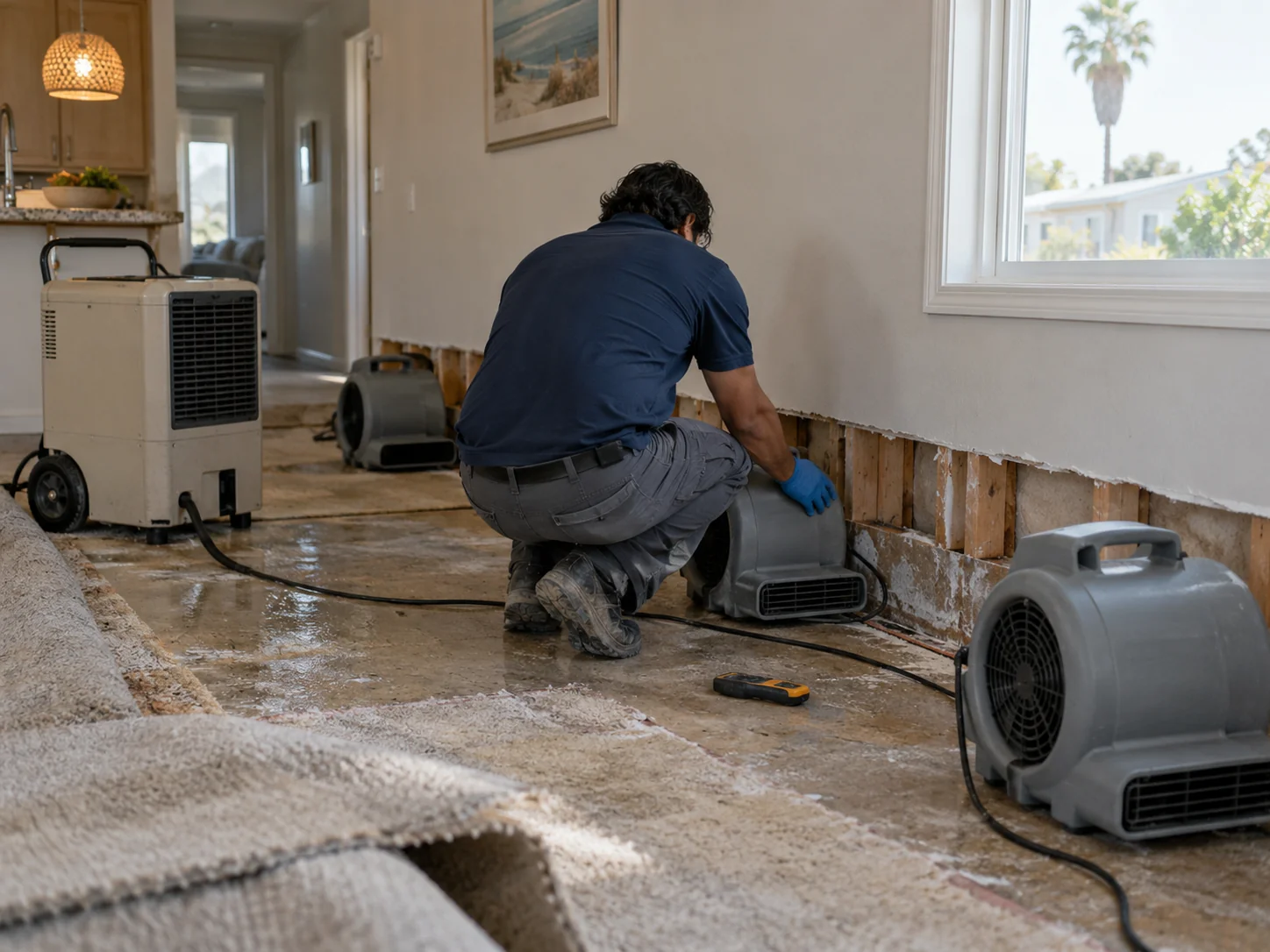 Technician placing air movers and a dehumidifier in a Stanton manufactured home with flooring lifted